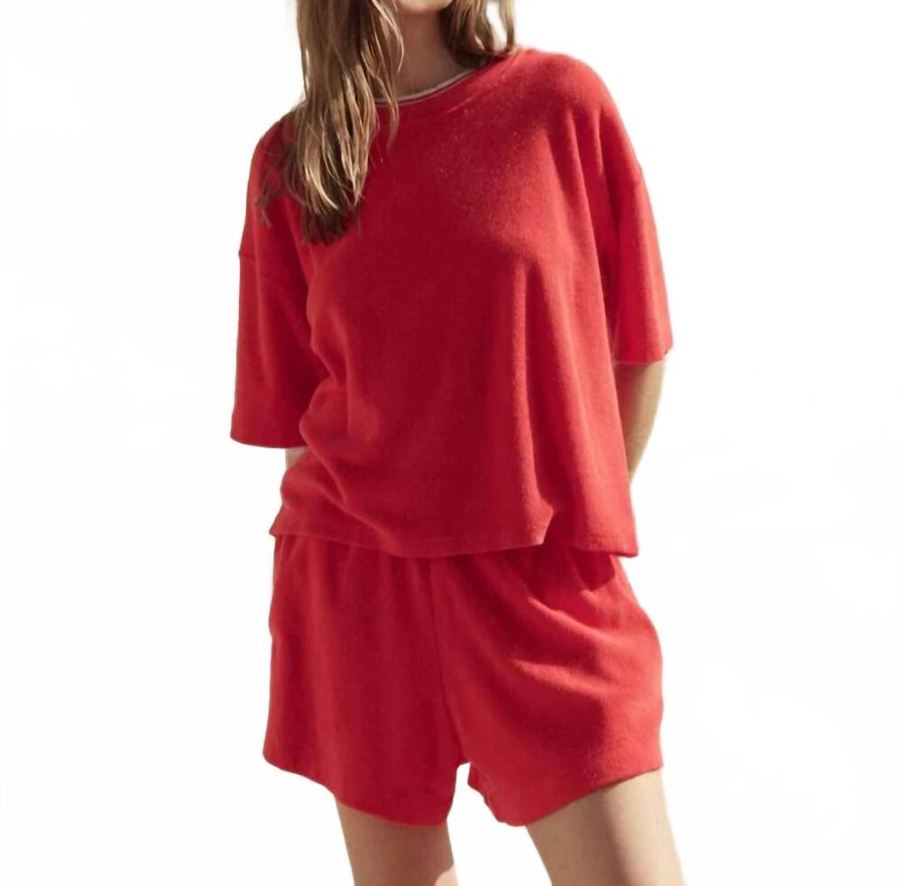 NEW THE GREAT. micro terry track crewneck top in pimento